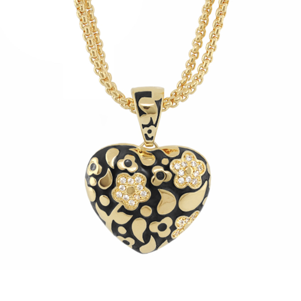 Flowers by Orly Necklace heart pendant black enamel with gold floral accents and diamonds on Tampa Home & Garden Store