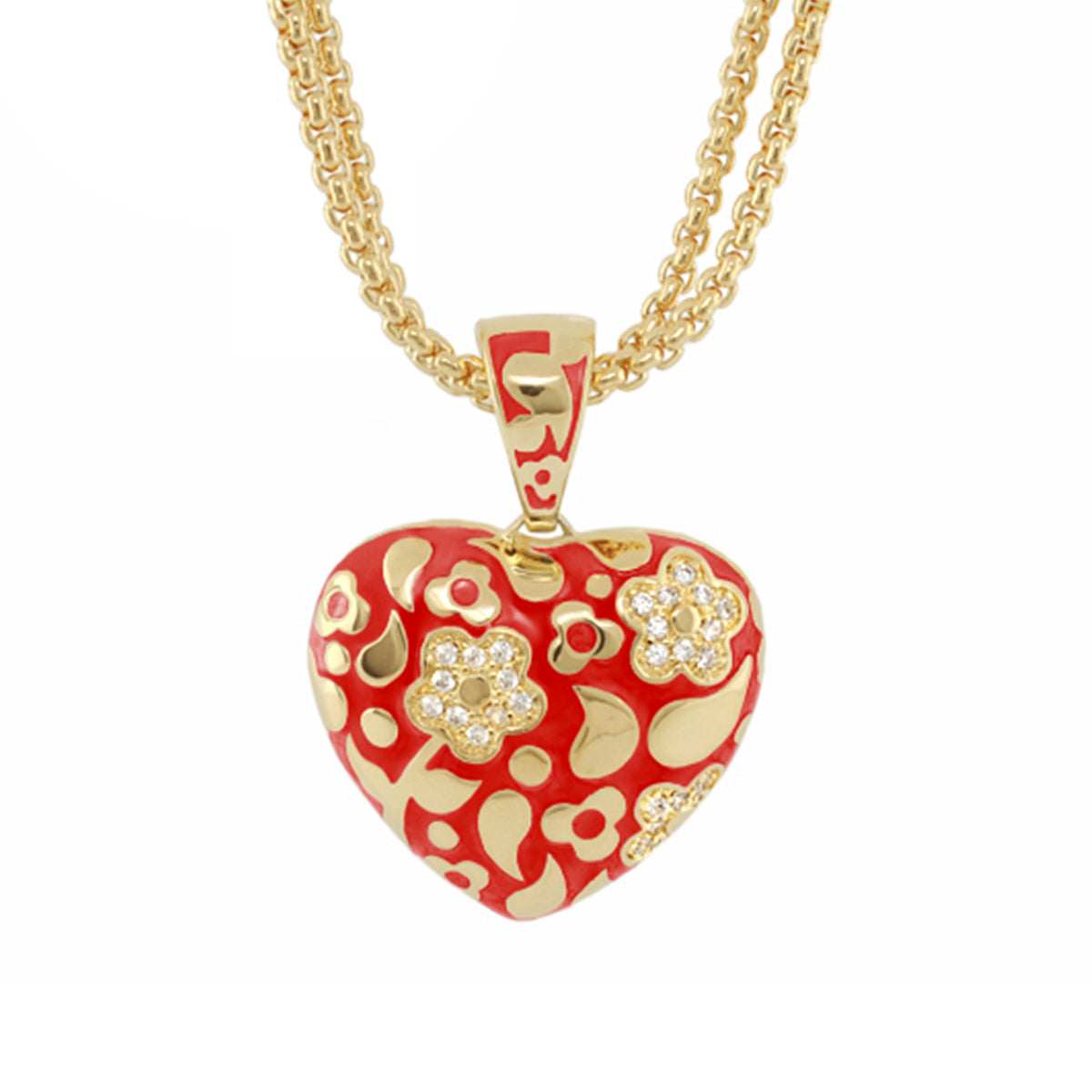 Flowers by Orly Necklace pendant red enamel heart with gold floral accents on chain on Tampa Home & Garden Store