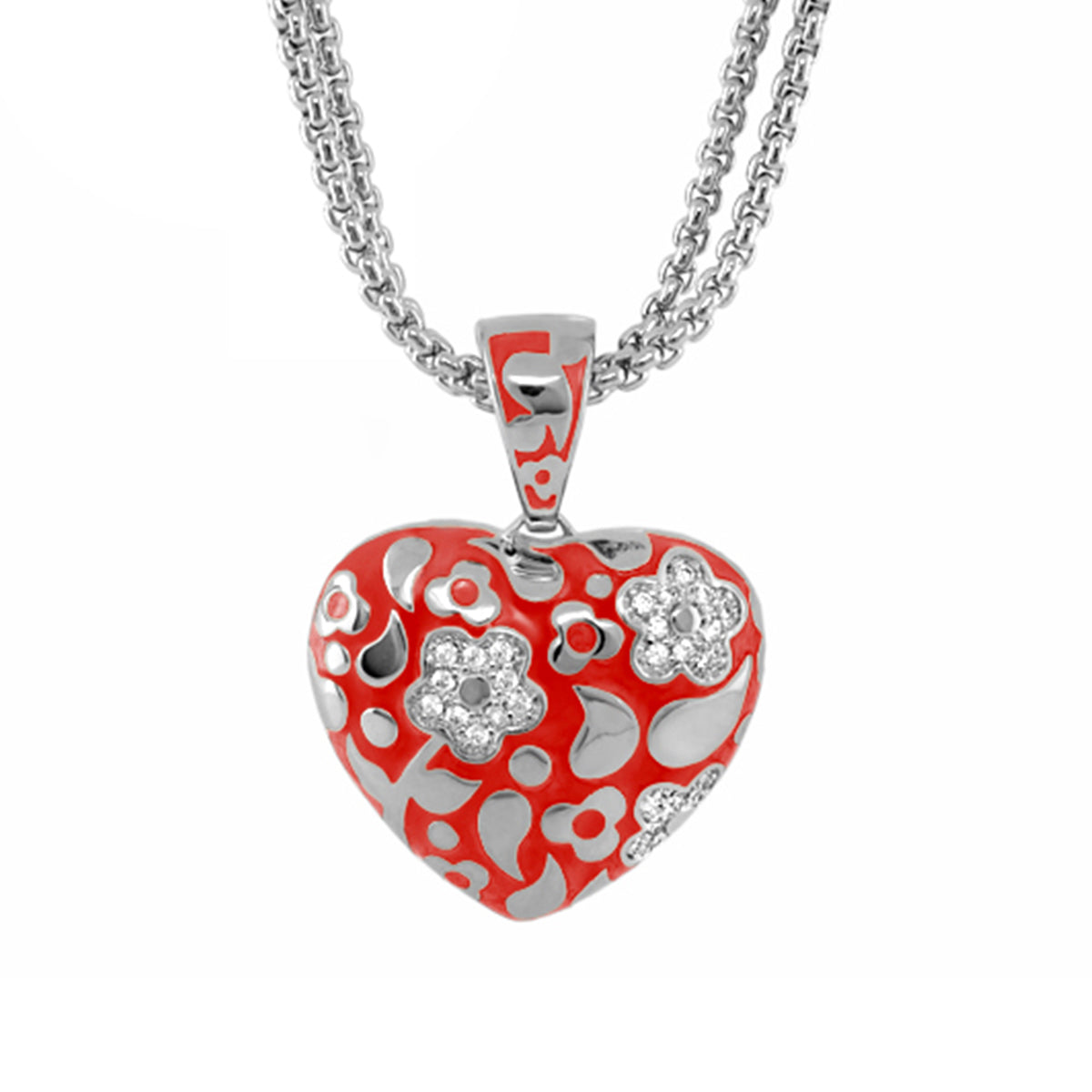 Flowers by Orly Necklace pendant red enamel heart with silver floral crystal accents chain on Tampa Home & Garden Store
