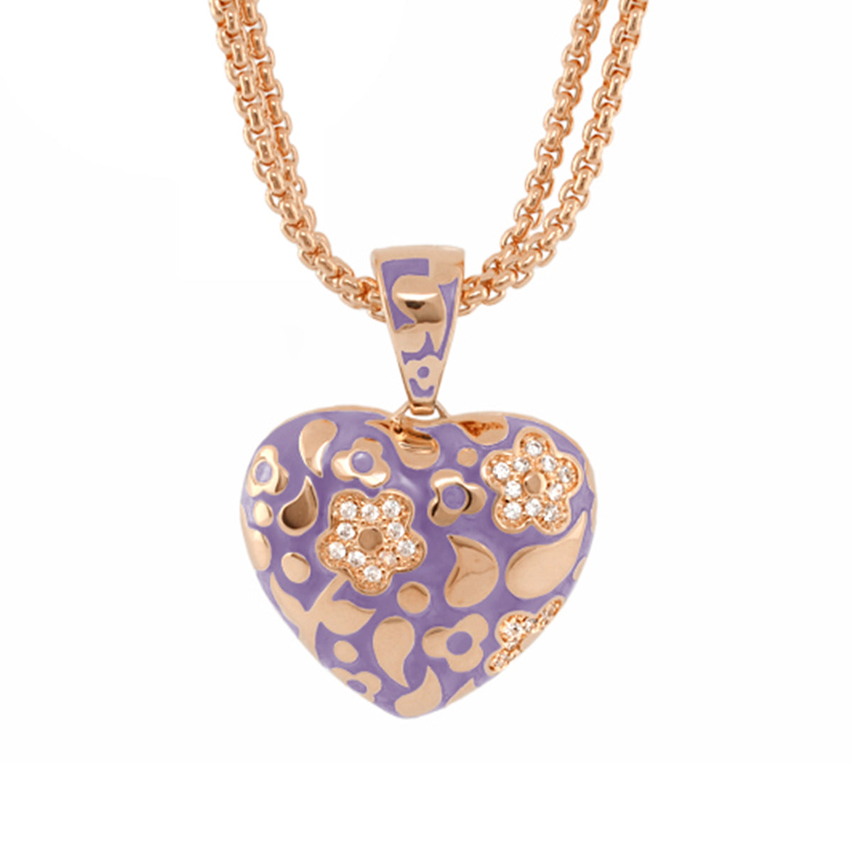 Pendant necklace Flowers by Orly purple heart pendant with gold floral accents on rose gold chain on Tampa Home & Garden Store