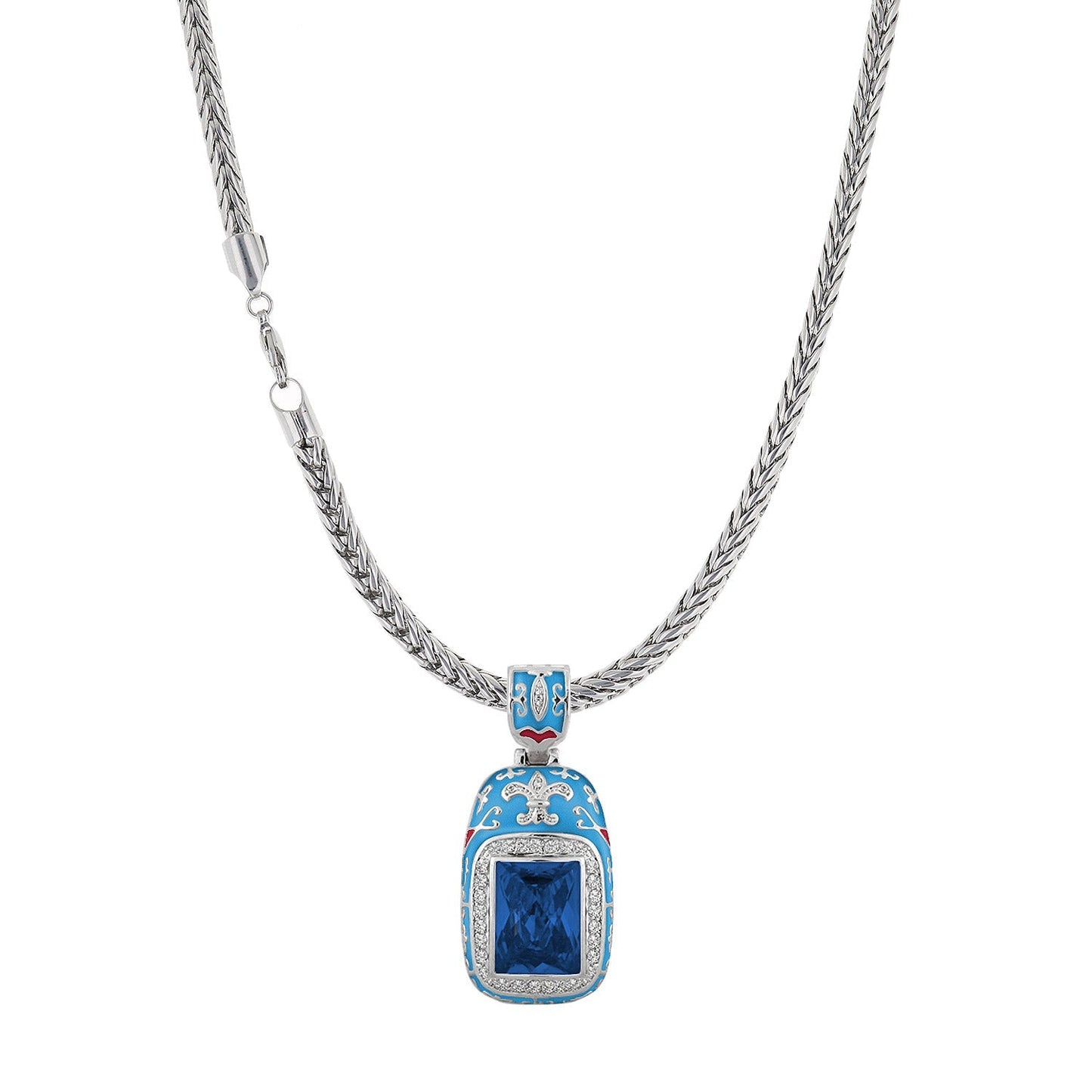 Renaissance Style necklace by Lauren G Adams with blue enamel pendant and gemstone halo on Tampa Home & Garden Store