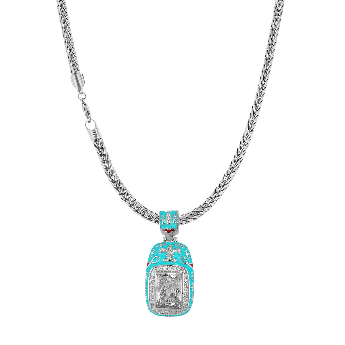 Renaissance Style necklace with turquoise enamel pendant on a silver braided chain on Tampa Home & Garden Store