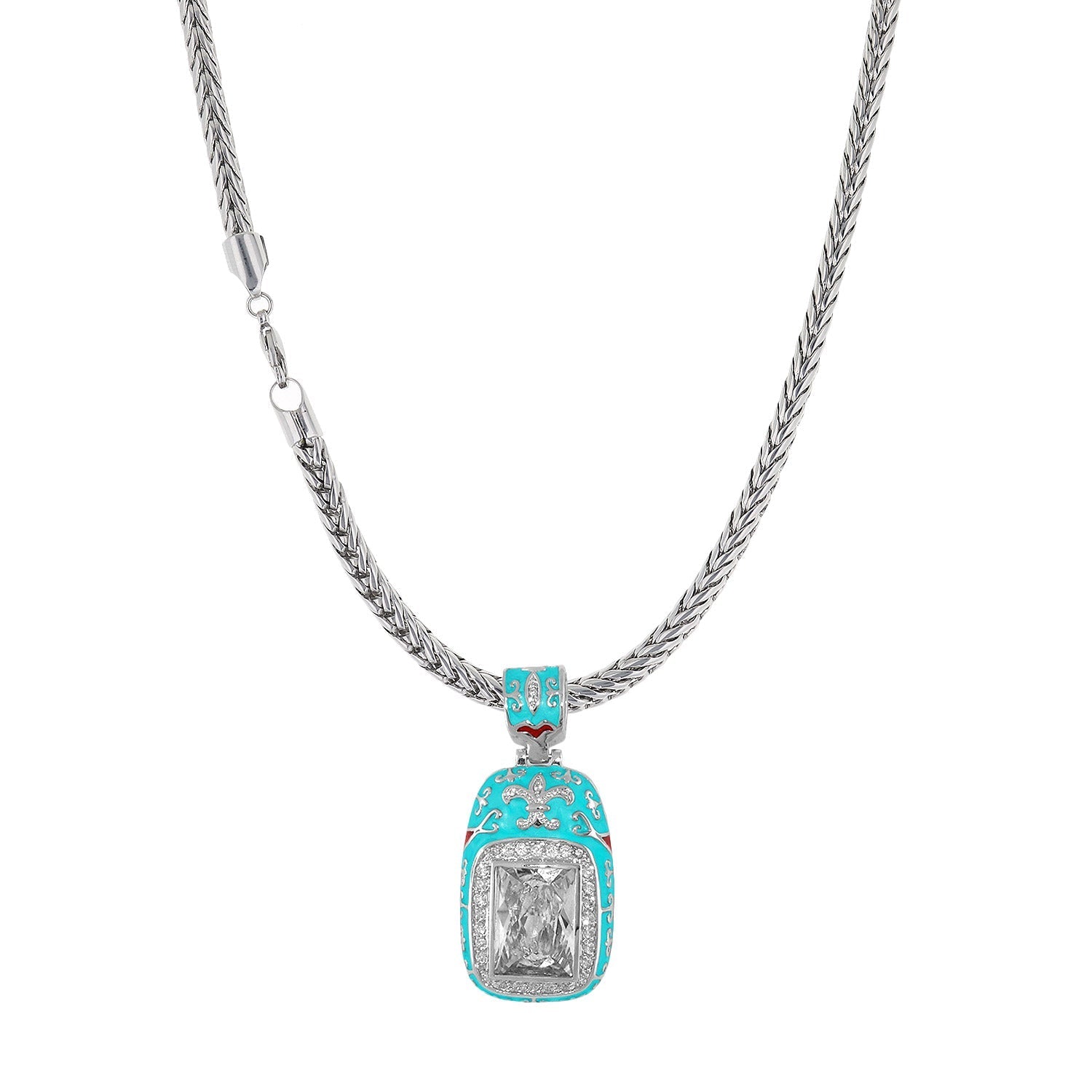 Renaissance Style necklace with turquoise enamel pendant on a silver braided chain on Tampa Home & Garden Store