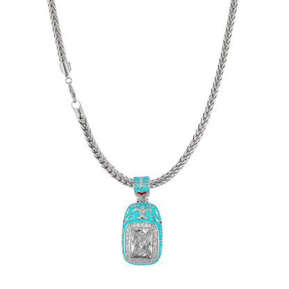 Renaissance Style necklace with turquoise enamel pendant on a silver braided chain on Tampa Home & Garden Store