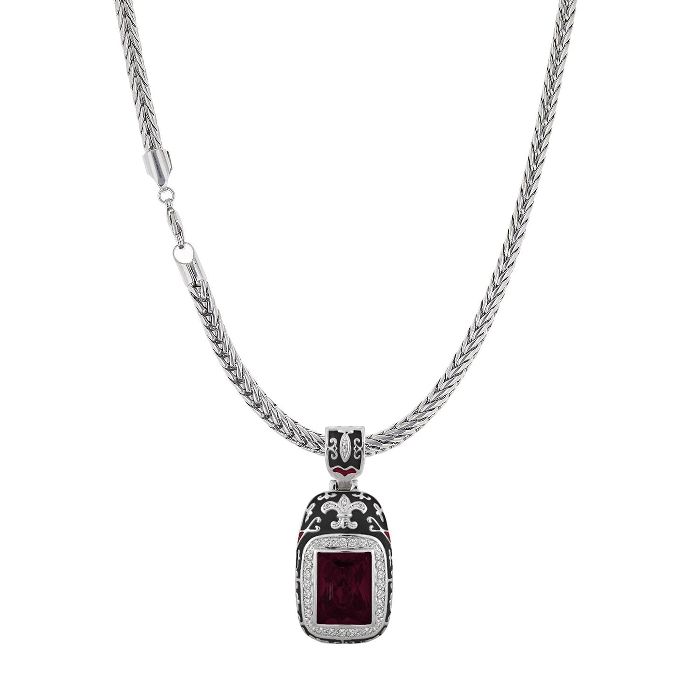 Renaissance Style necklace with red gemstone and diamond halo on silver rope chain on Tampa Home & Garden Store