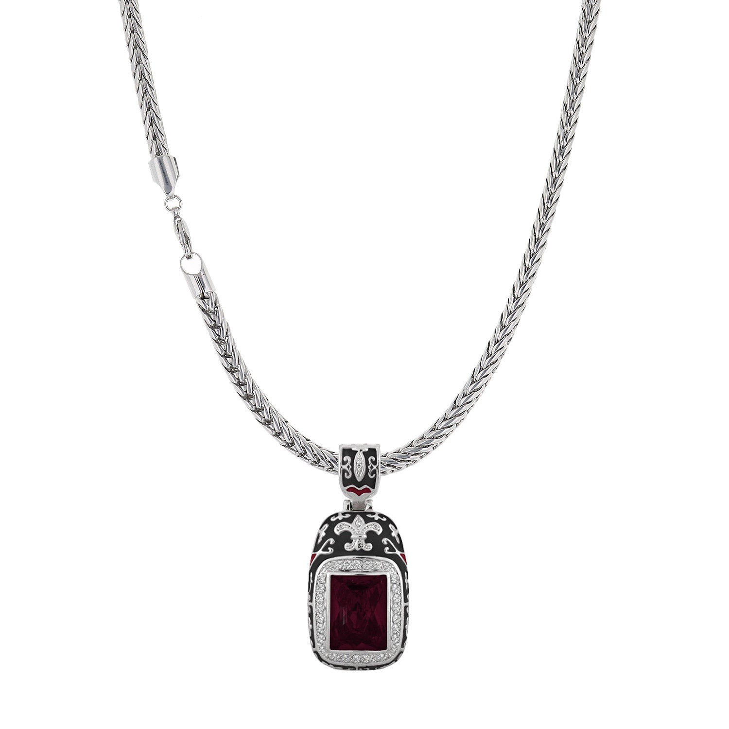 Renaissance Style necklace with red gemstone and diamond halo on silver rope chain on Tampa Home & Garden Store