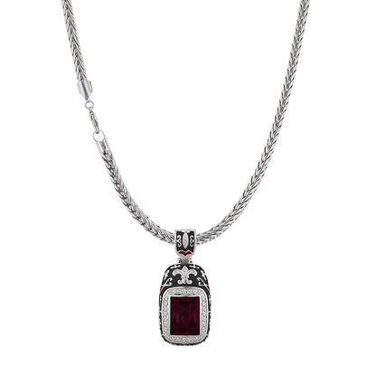 Renaissance Style necklace with red gemstone and diamond halo on silver rope chain on Tampa Home & Garden Store