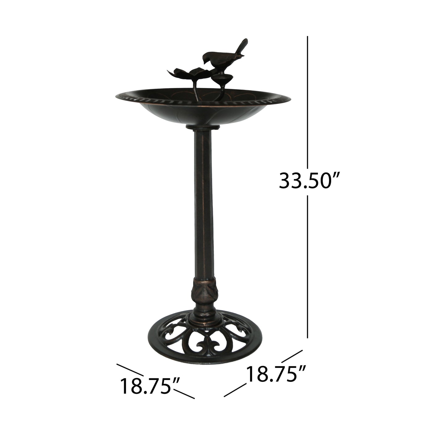 Outdoor aluminum and iron bird bath with perched birds and base, dark bronze finish on Tampa Home & Garden Store