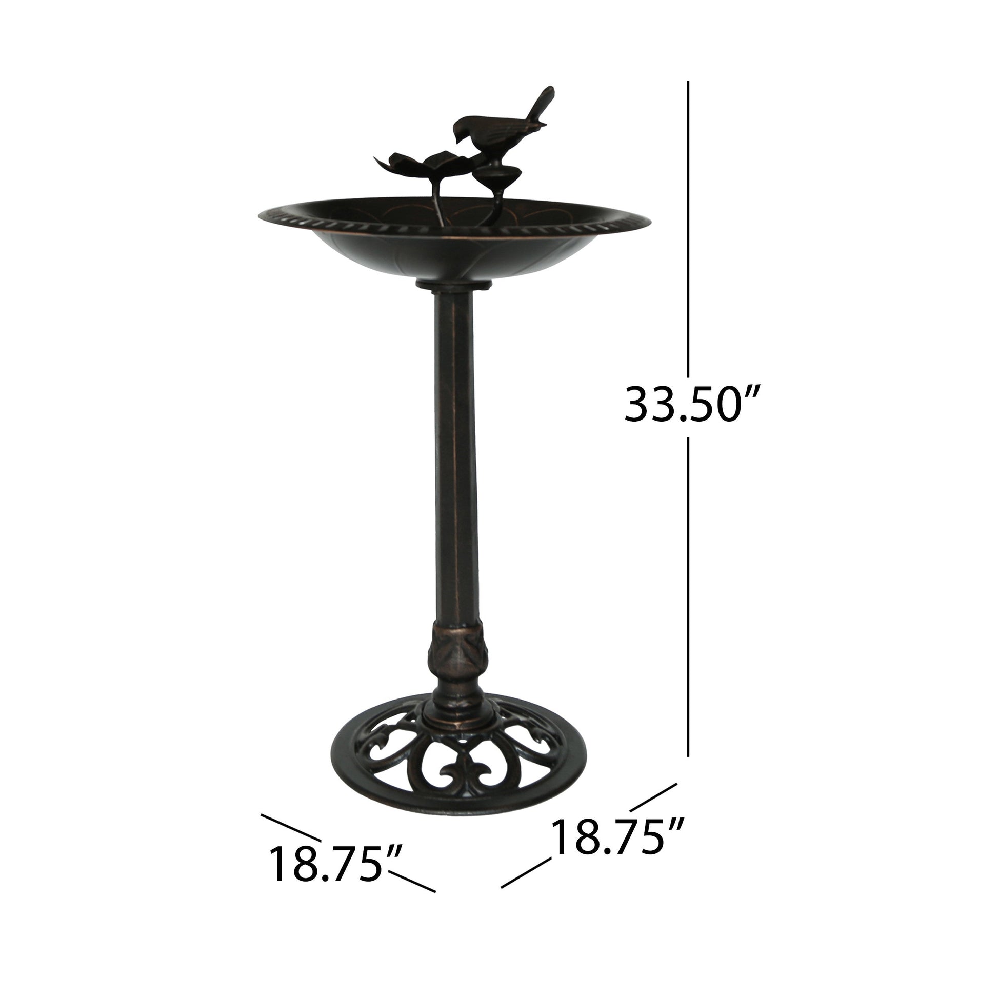 Outdoor aluminum and iron bird bath with perched birds and base, dark bronze finish on Tampa Home & Garden Store