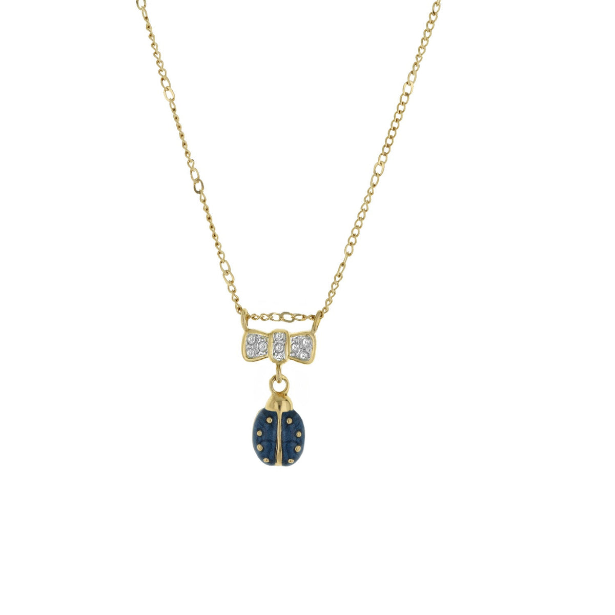 Lady Poof Necklace gold-tone short chain with crystal bow and blue enamel ladybug pendant on Tampa Home & Garden Store