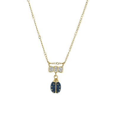Lady Poof Necklace gold-tone short chain with crystal bow and blue enamel ladybug pendant on Tampa Home & Garden Store
