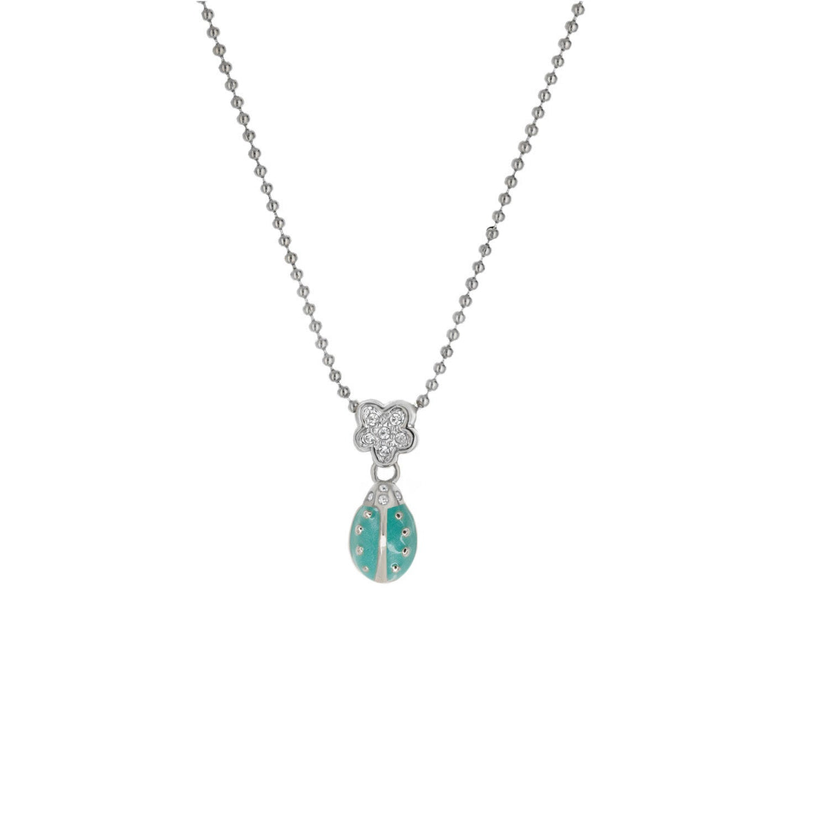 Lady Poof Necklace silver-tone chain with floral charm and turquoise drop pendant on Tampa Home & Garden Store