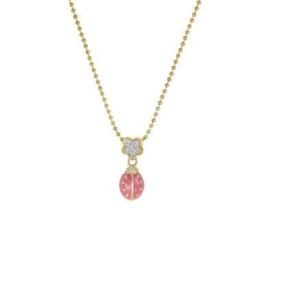 Lady Poof Necklace with gold beaded chain, crystal flower charm, pink enamel drop pendant on Tampa Home & Garden Store