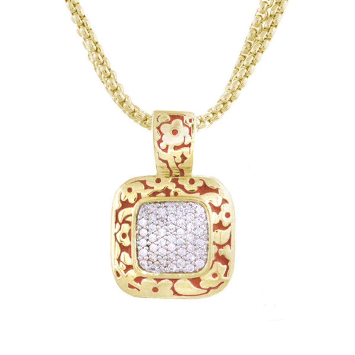 Flowers by Orly Pendant Necklace with gold pavé square crystal and red floral filigree chain on Tampa Home & Garden Store