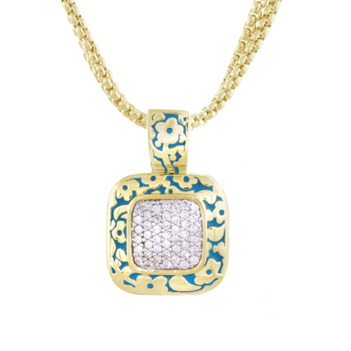 Pendant necklace gold-tone with blue enamel floral frame and pavé square center on chain on Tampa Home & Garden Store