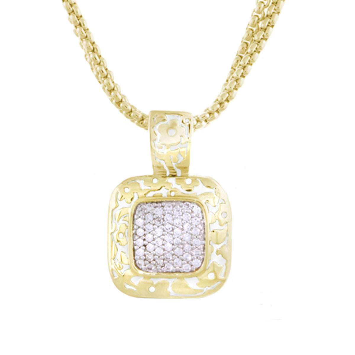 Gold tone pendant necklace, Pavé Square Flowers by Orly with floral frame, Lauren G Adams on Tampa Home & Garden Store