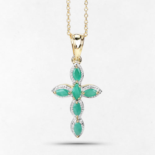 Emerald cross pendant 5 marquise emeralds, haloed stones, 18K yellow gold plated .925 silver on Tampa Home & Garden Store
