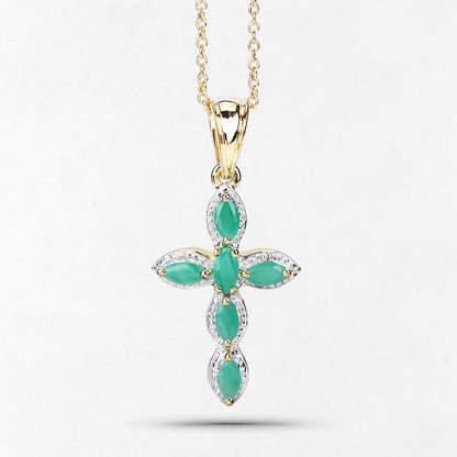 Emerald cross pendant 5 marquise emeralds, haloed stones, 18K yellow gold plated .925 silver on Tampa Home & Garden Store