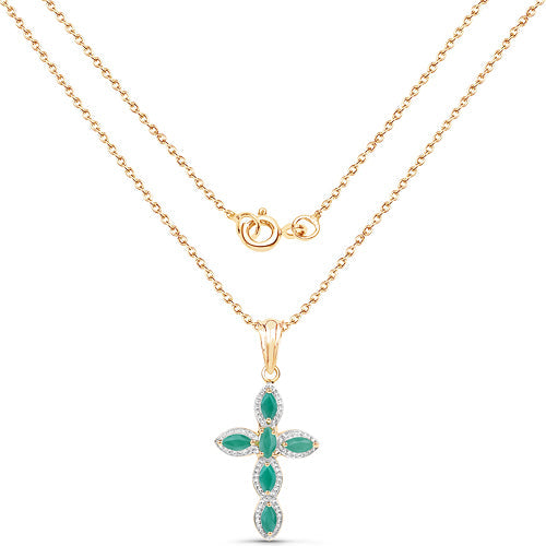 Emerald cross pendant with 0.84 ct emeralds on 18K yellow gold plated sterling silver chain on Tampa Home & Garden Store