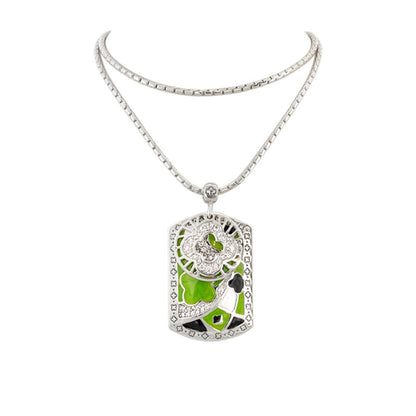 Art Deco Pendant Necklace Pave Frame Flower Tag Lauren G Adams green enamel silver on chain on Tampa Home & Garden Store