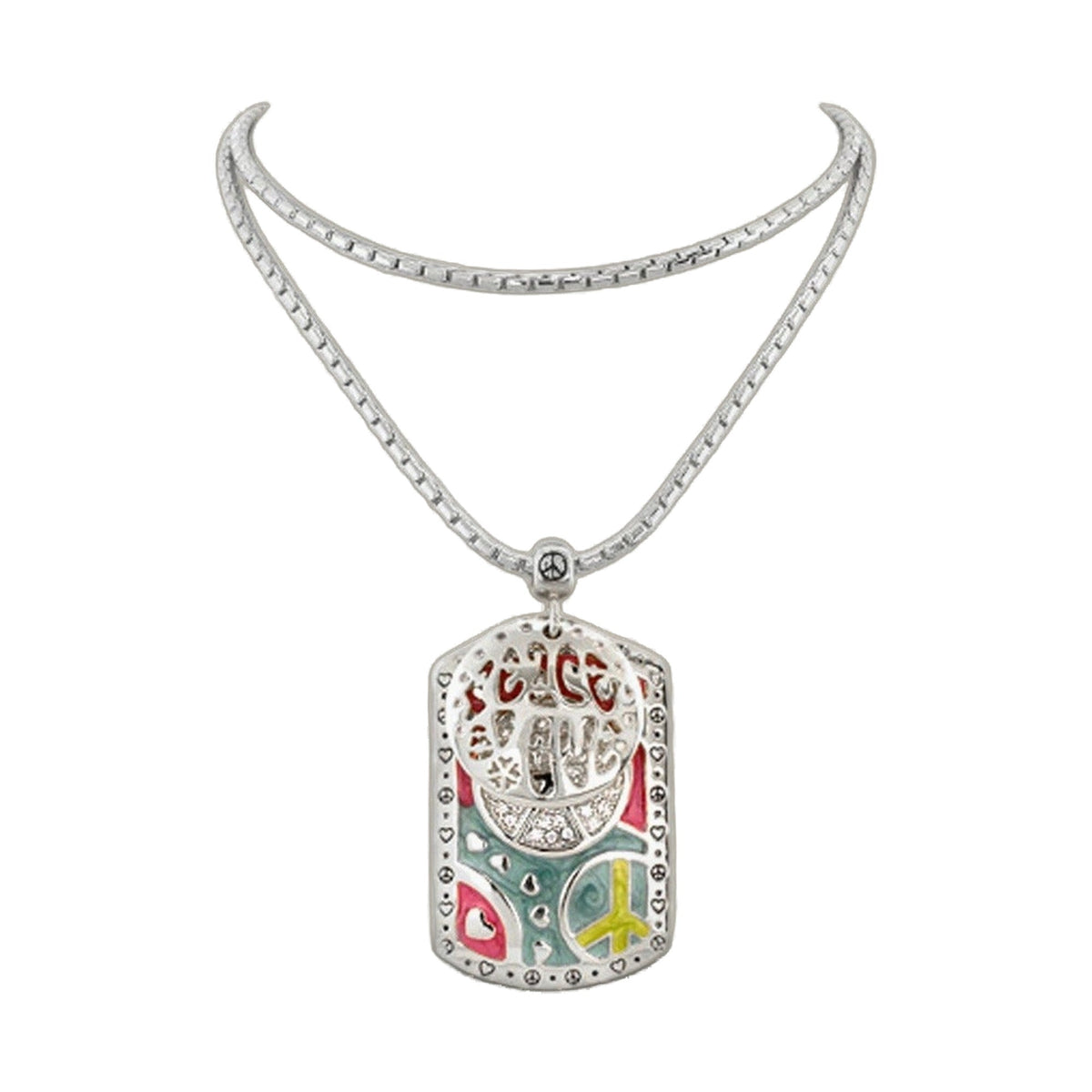 Art Deco Peace & Heart Tag pendant necklace, silver-tone with ornate cutout tag on Tampa Home & Garden Store
