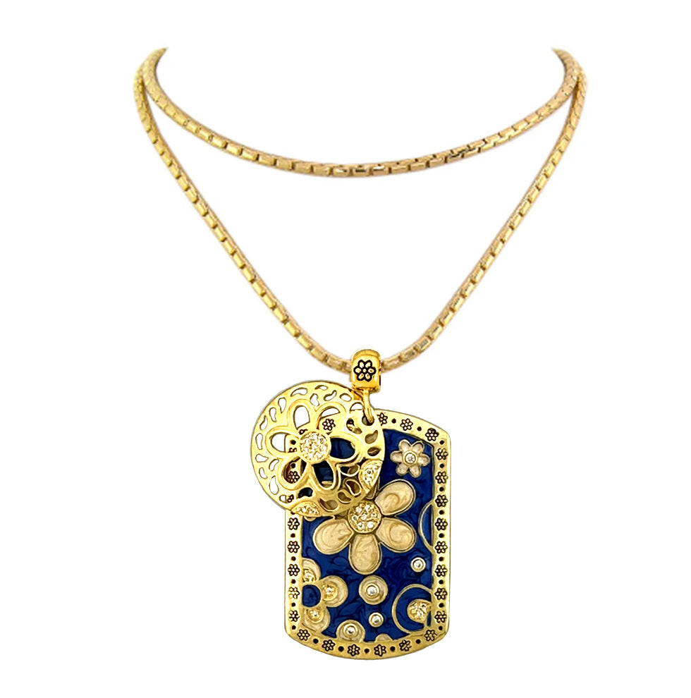 Art Deco Daisy & Filigree Pendant by Lauren G Adams, gold-tone with blue enamel rectangle on Tampa Home & Garden Store