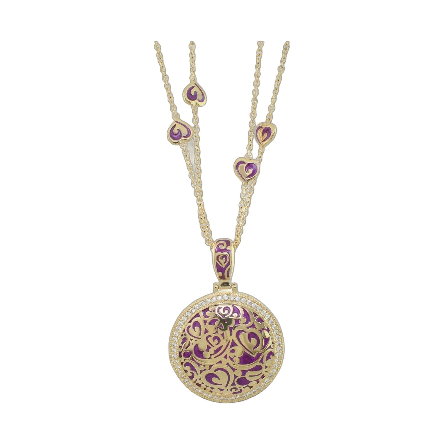 Hidden Hearts Pendant by Lauren G Adams, gold-tone chain with purple heart filigree, on Tampa Home & Garden Store