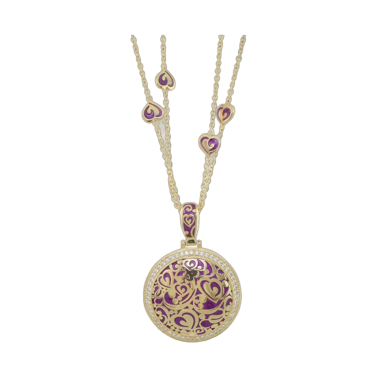 Hidden Hearts Pendant by Lauren G Adams, gold-tone chain with purple heart filigree, on Tampa Home & Garden Store