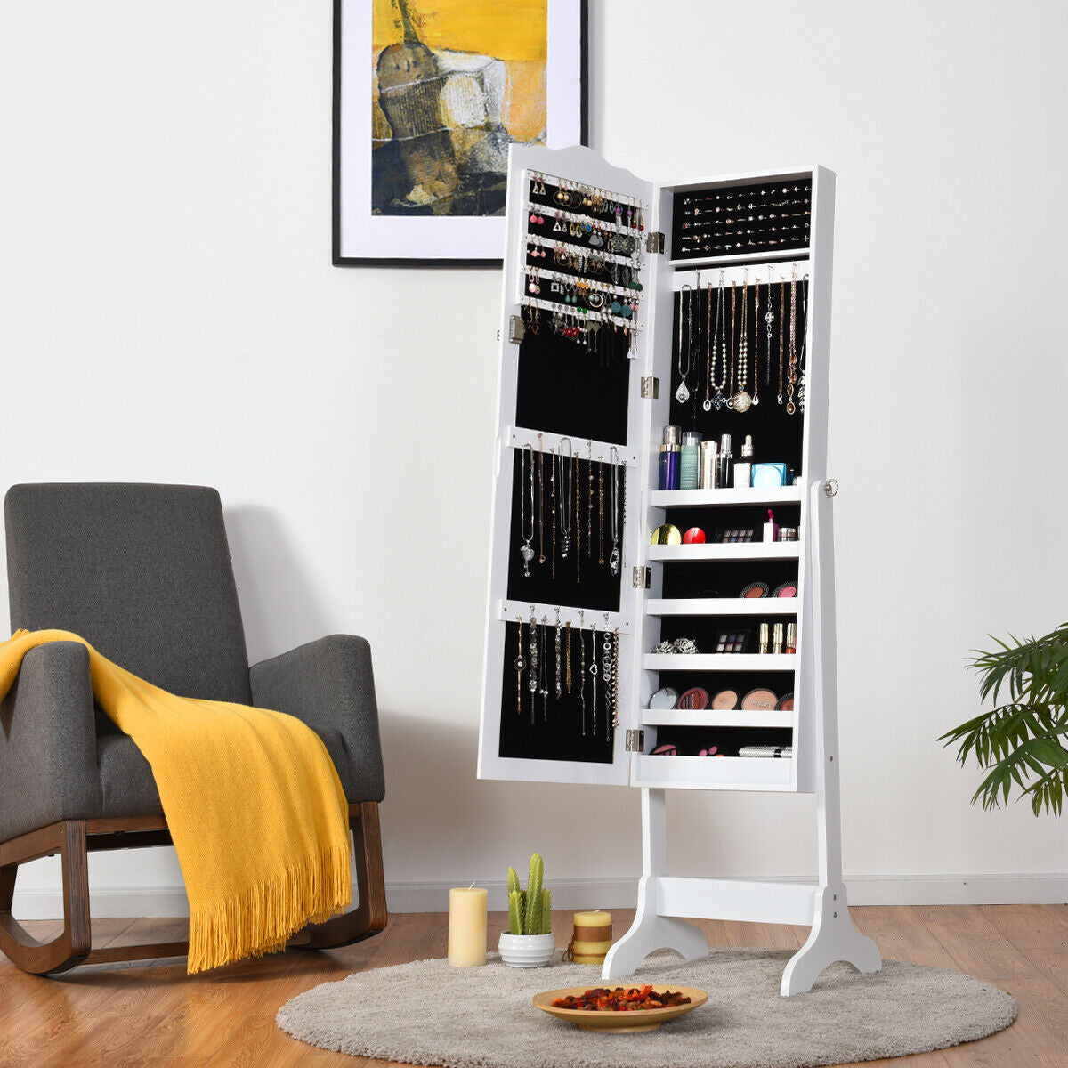 Gabinete de Joyería Inclinable de 4 Ángulos con Espejo y Cerradura, Gran Capacidad de Almacenamiento - Blanco