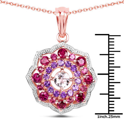 Pendant: rose gold plated flower cluster with 2.30ct Morganite, rhodolite & amethyst in silver on Tampa Home & Garden Store