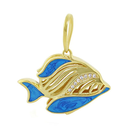 Eau Fish Pendant by Lauren G Adams, gold-tone pendant with blue enamel fins and crystals on Tampa Home & Garden Store