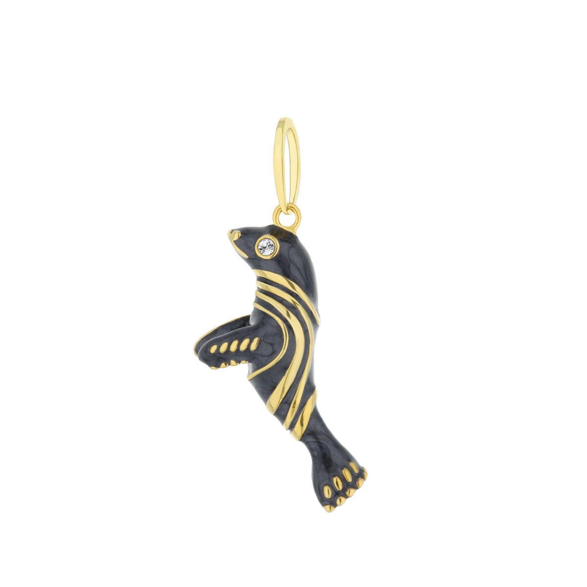 Eau Sea Lion Pendant by Lauren G Adams; black sea lion with gold accents and crystal eye on Tampa Home & Garden Store