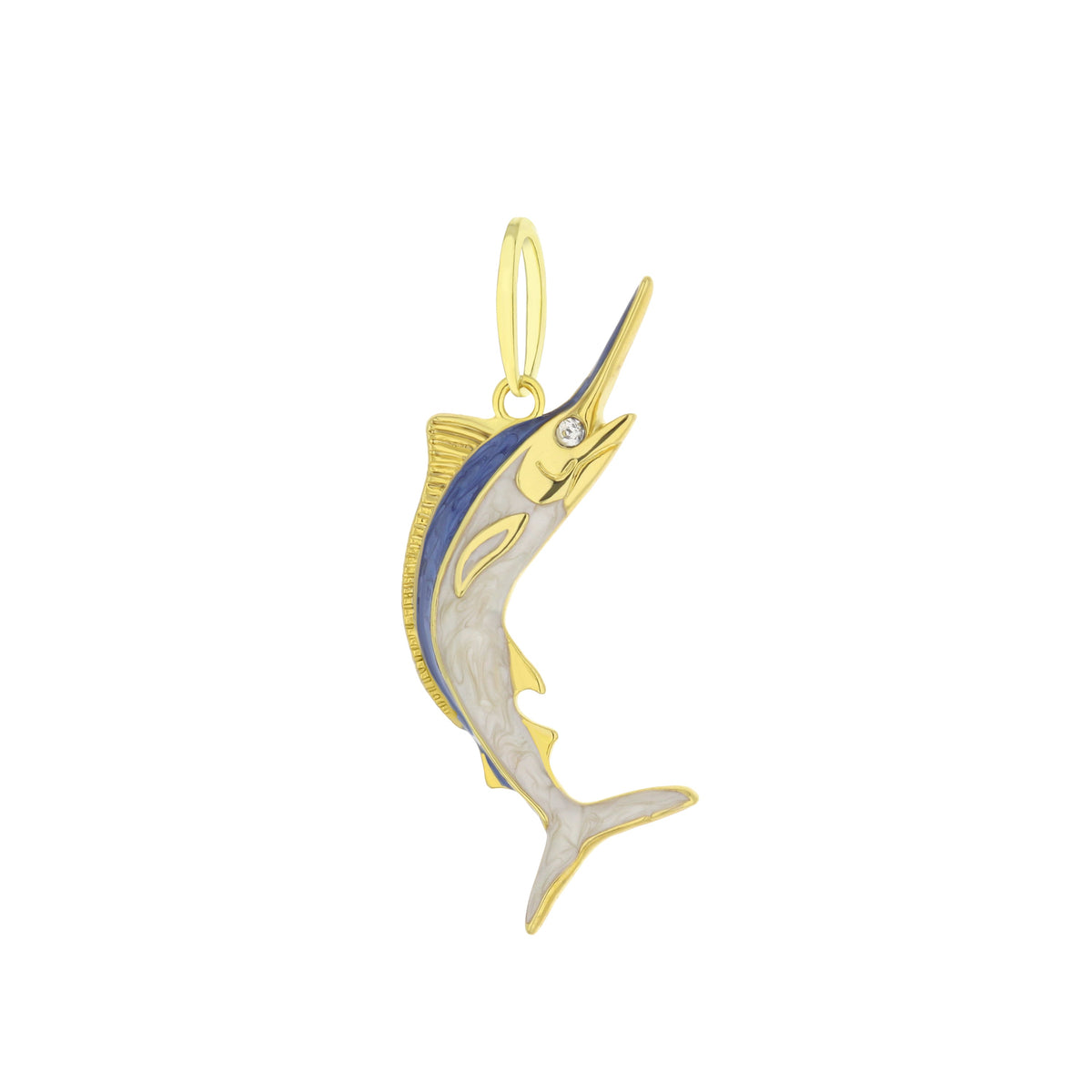 Eau Swordfish pendant by Lauren G Adams, gold-tone with blue enamel accents and crystal eye on Tampa Home & Garden Store