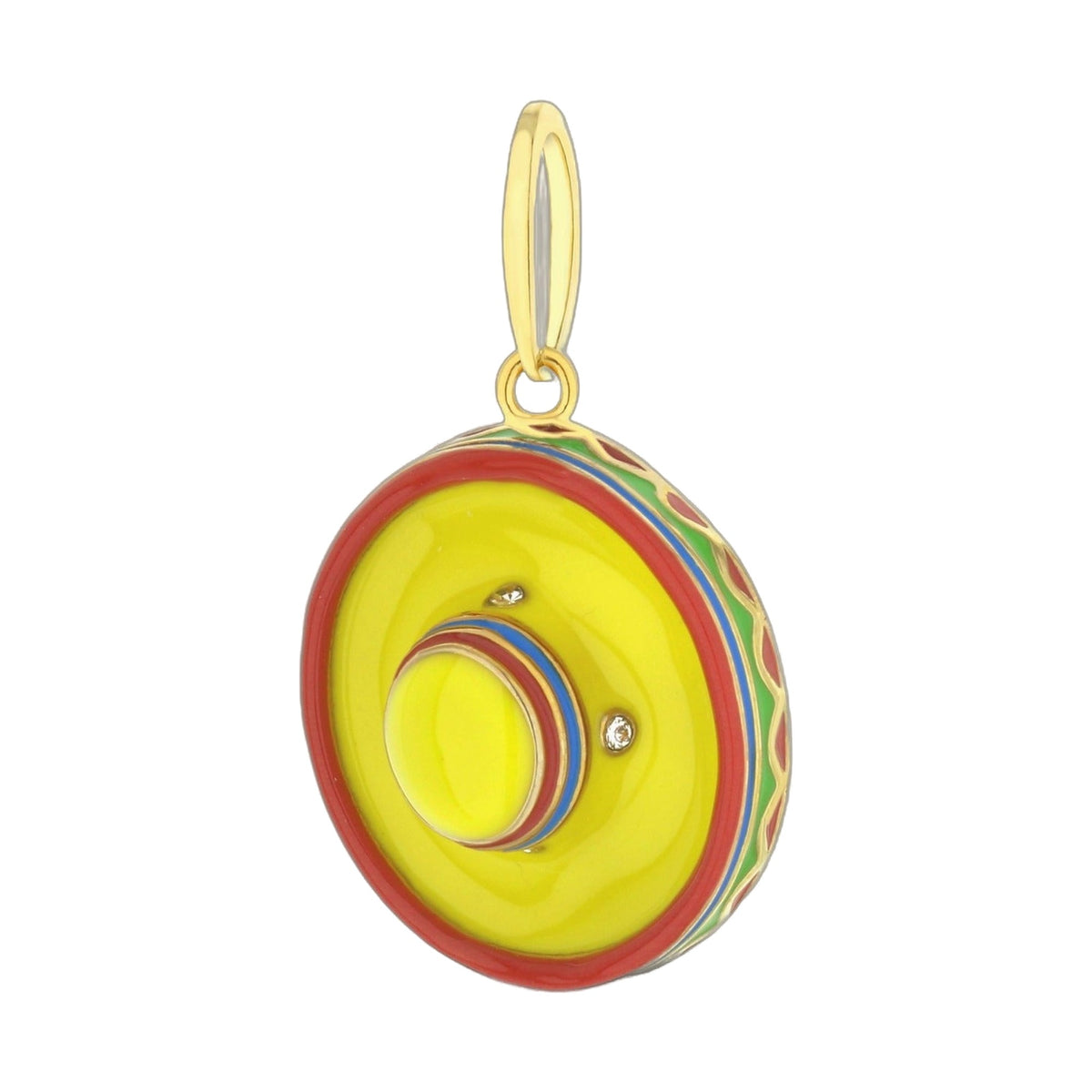 Eau Mexican Sombrero Pendant charm; yellow enamel sombrero, red rim, gold bail on Tampa Home & Garden Store