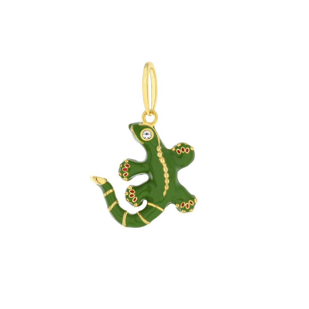 Eau gecko pendant necklace in green enamel with gold trim and crystal eye on Tampa Home & Garden Store
