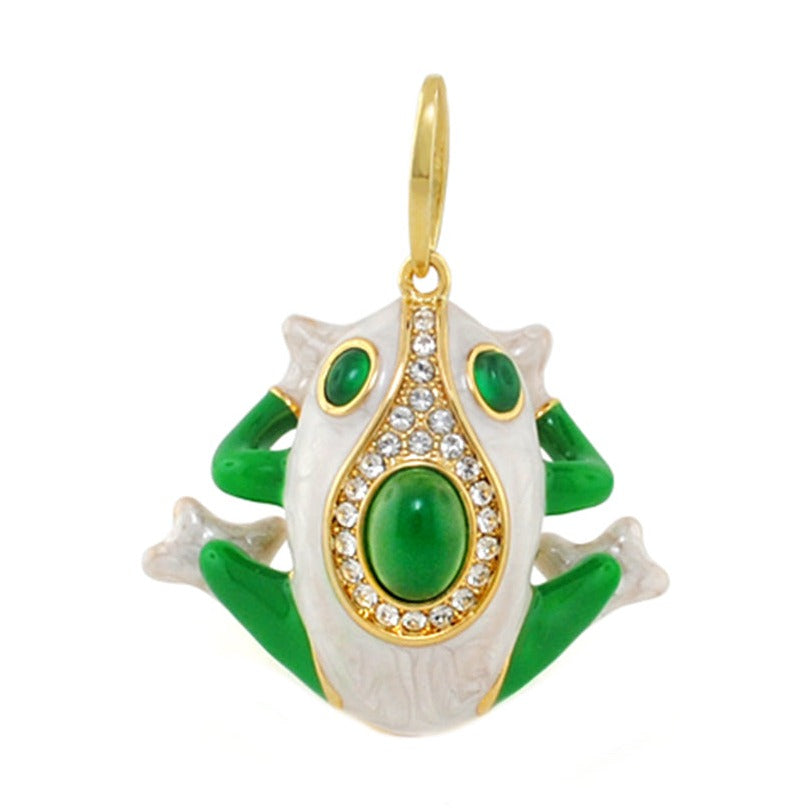 Eau Frog Pendant by Lauren G Adams: gold-tone frog with green enamel limbs and green cabochon on Tampa Home & Garden Store