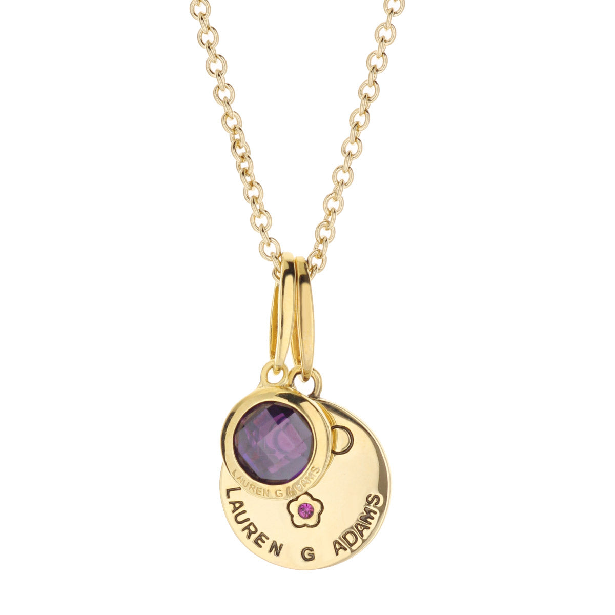 Birthstone Necklace Lauren G Adams, gold-tone disc pendant with purple Feb gemstone on chain on Tampa Home & Garden Store