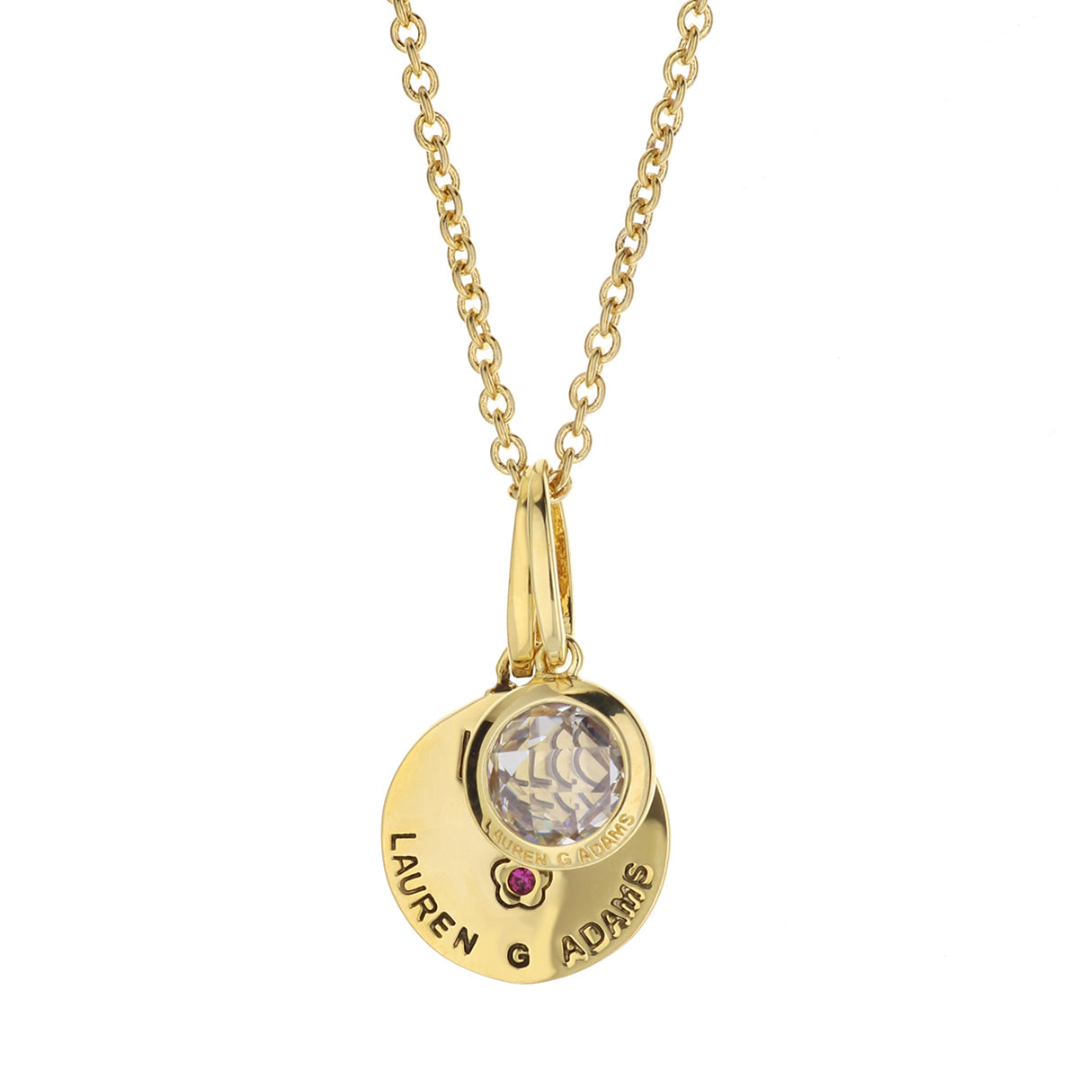 Gold Lauren G Adams Birthstone Necklace with round clear April stone in engraved pendant on Tampa Home & Garden Store