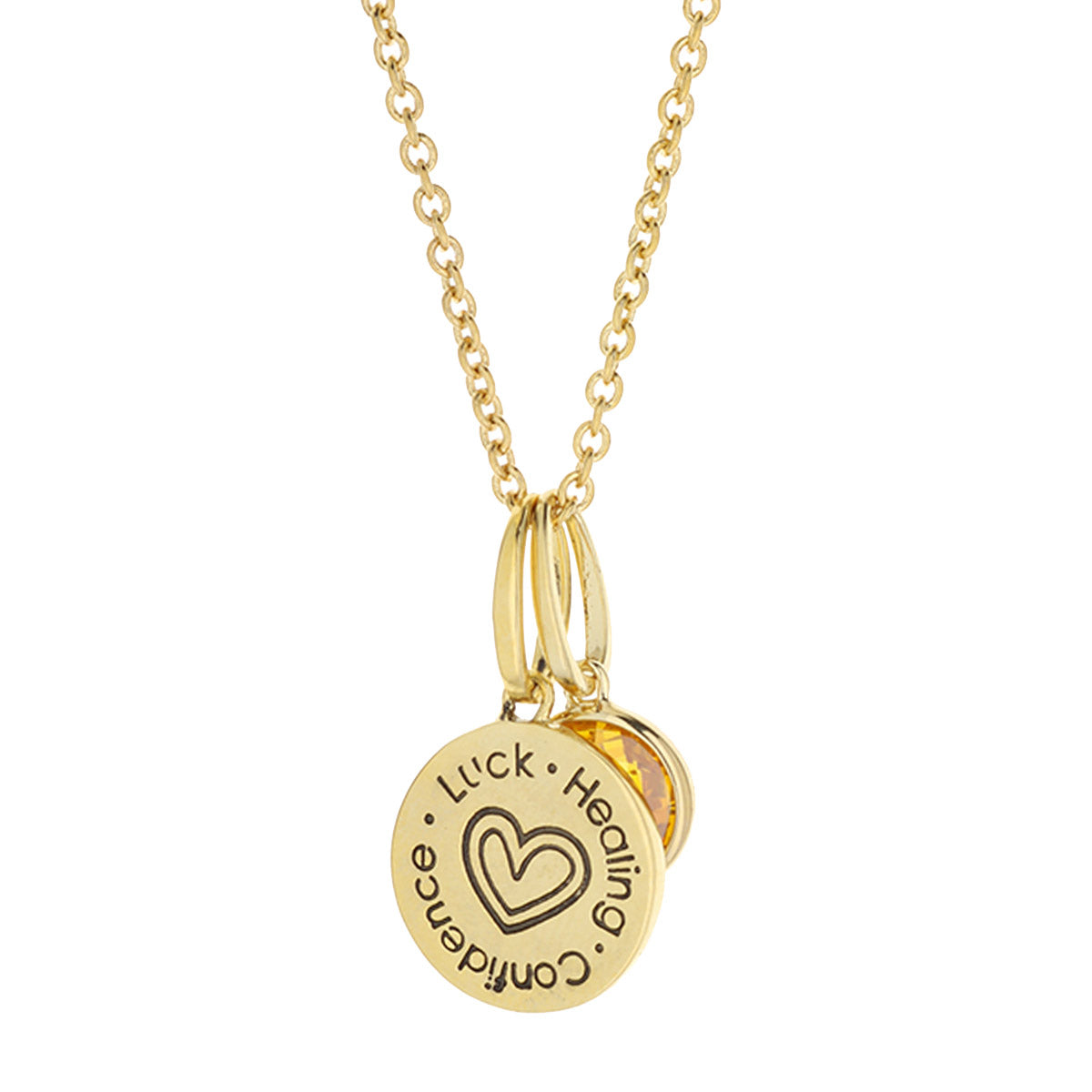Gold-tone birthstone necklace with two pendants; engraved disc with heart and words, orange stone on Tampa Home & Garden Store