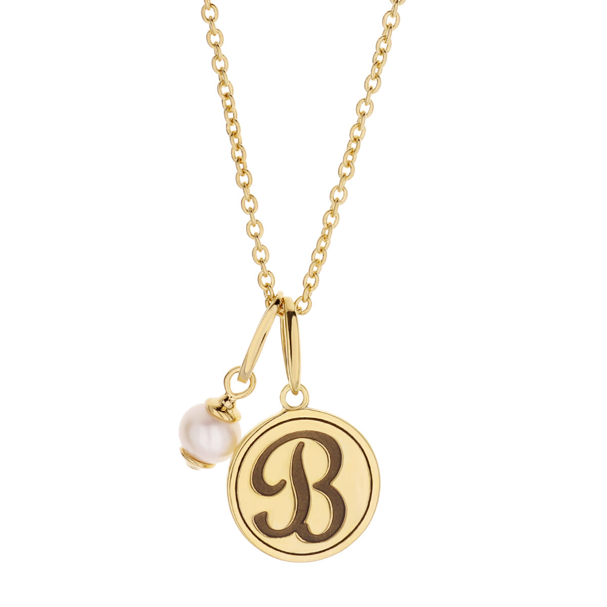 Initial T Necklace gold-tone chain with round monogram pendant and pearl charm on Tampa Home & Garden Store