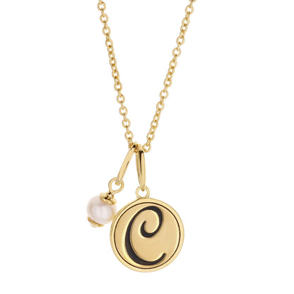 Initial T Necklace gold chain with round gold pendant featuring a black swirl and a pearl charm on Tampa Home & Garden Store