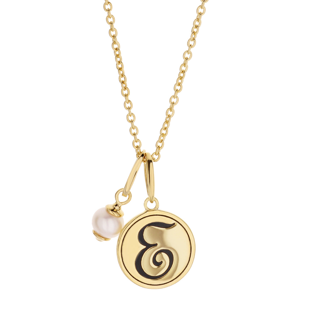 Initial T Necklace pendant, gold-tone disk with black cursive initial and pearl charm, chain on Tampa Home & Garden Store