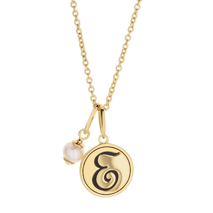 Initial T Necklace pendant, gold-tone disk with black cursive initial and pearl charm, chain on Tampa Home & Garden Store