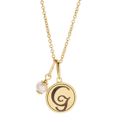 Initial T Necklace gold-tone chain with round initial disc pendant and pearl charm on Tampa Home & Garden Store