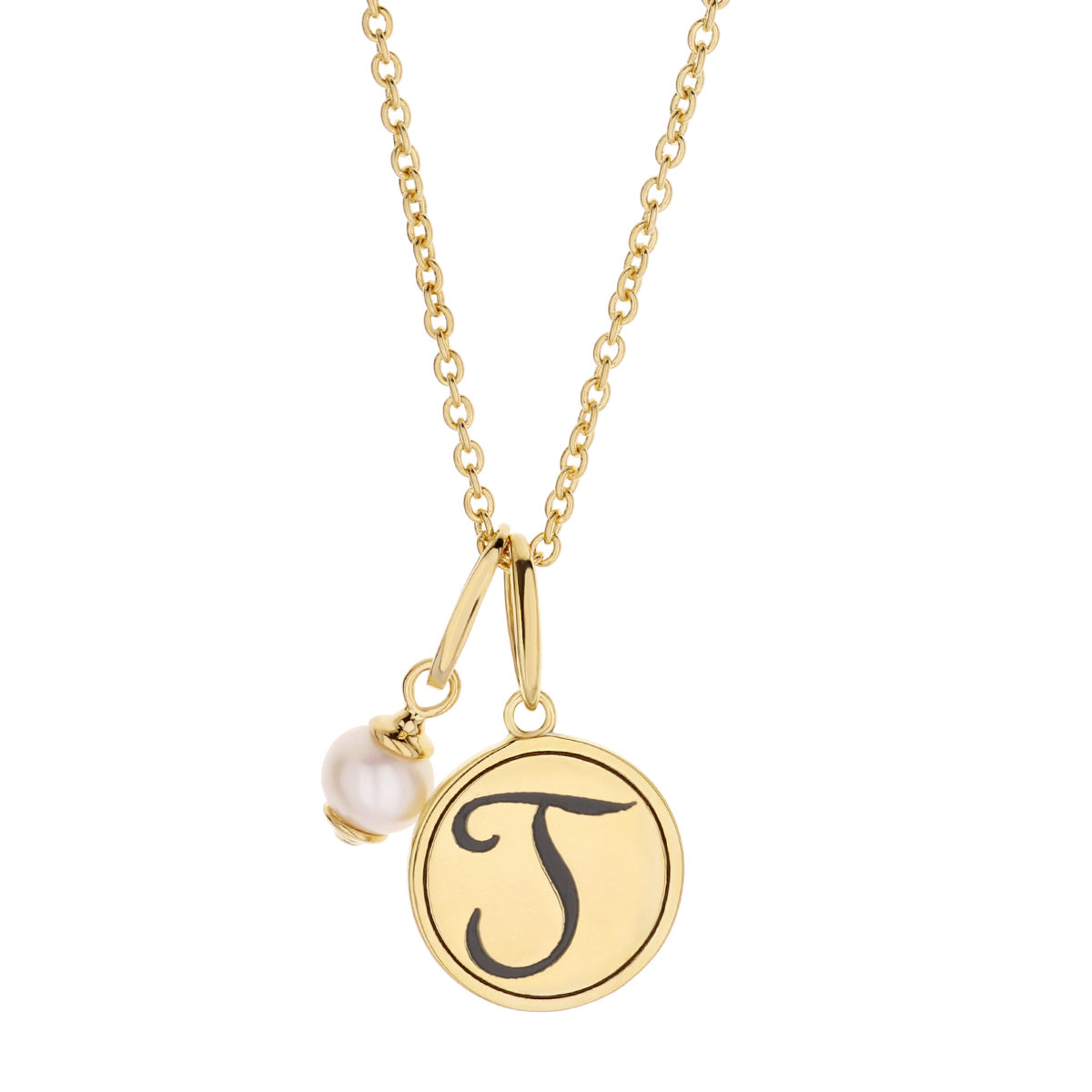 Initial T Necklace gold-tone disc pendant with black T and pearl charm on chain on Tampa Home & Garden Store