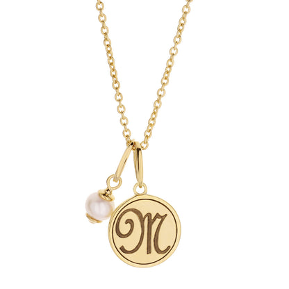 Initial T Necklace by Lauren G Adams: gold-tone chain with round engraved pendant and pearl charm on Tampa Home & Garden Store