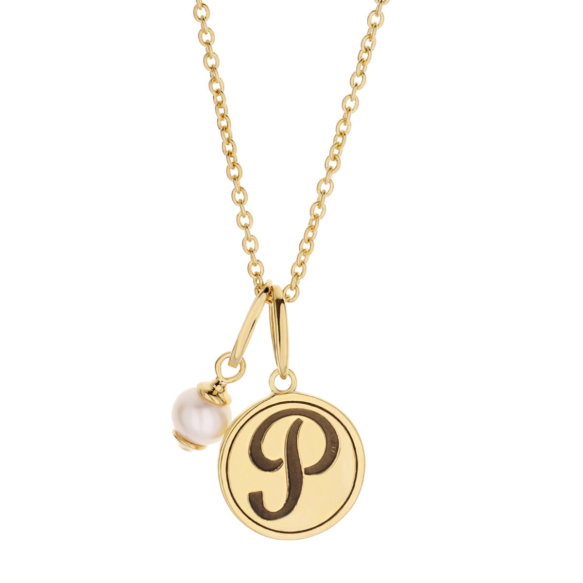 Initial T Necklace gold chain with gold round initial pendant and pearl charm on Tampa Home & Garden Store