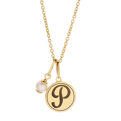 Initial T Necklace gold chain with gold round initial pendant and pearl charm on Tampa Home & Garden Store