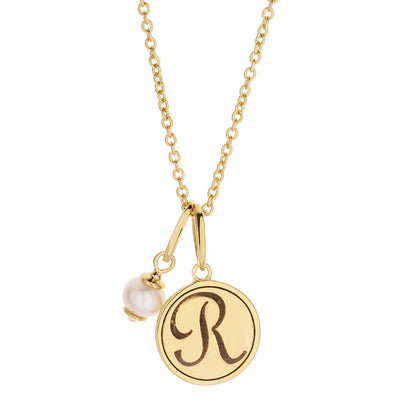 Initial T Necklace gold-tone circular pendant with scripted R and pearl bead on chain on Tampa Home & Garden Store