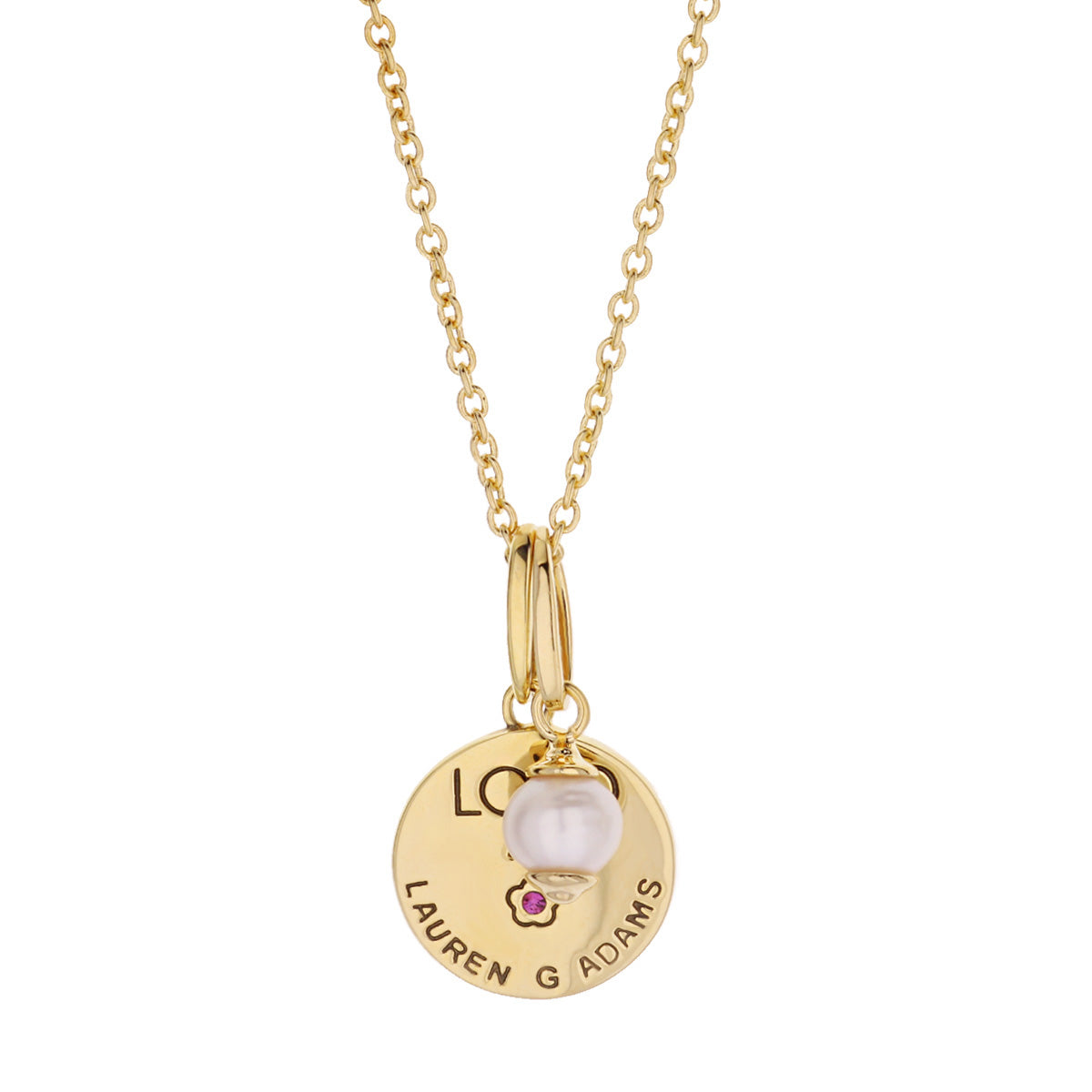 Initial T Necklace gold-tone chain with round disc pendant by Lauren G Adams, pearl charm on Tampa Home & Garden Store